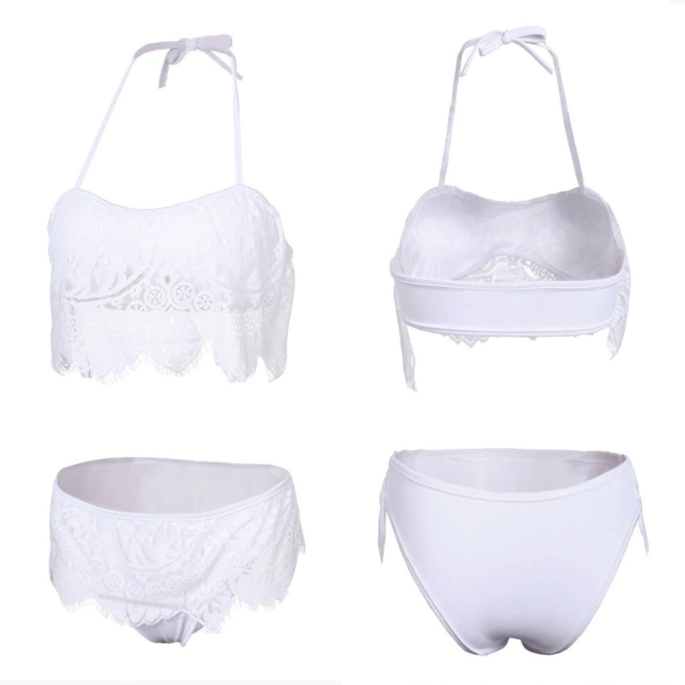 Lace ruffle halter tie bandeau style white bikini - Picture 2 of 7
